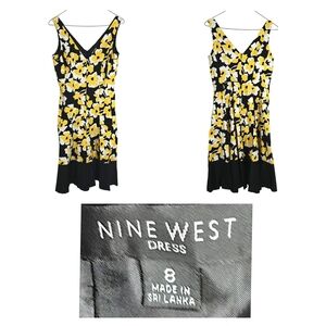Nine West Black Yellow Floral Midi Dress